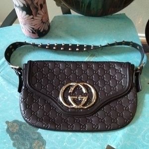 Gucci GG Embossed Pelham Dark Brown Leather Handbag Authentic.